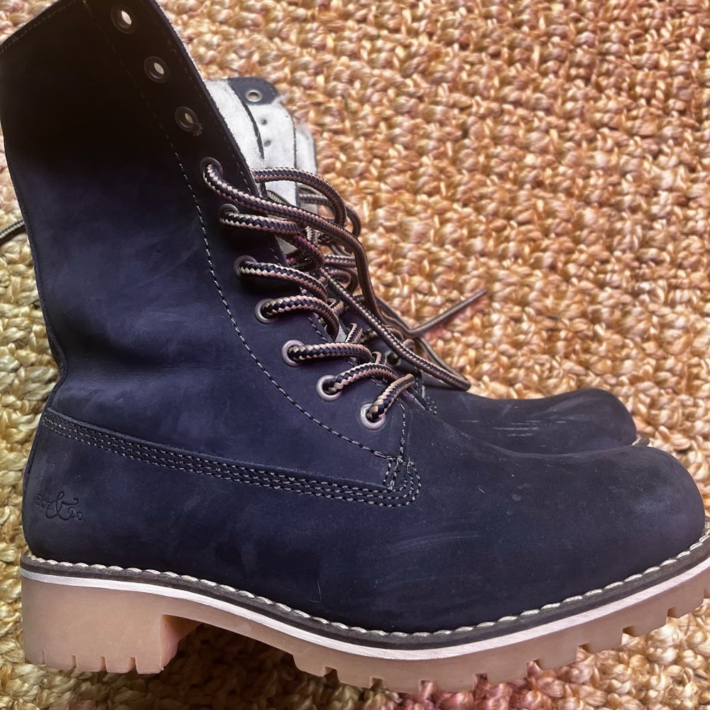 Tan and Blue Ankle Boots with Rugged Sole